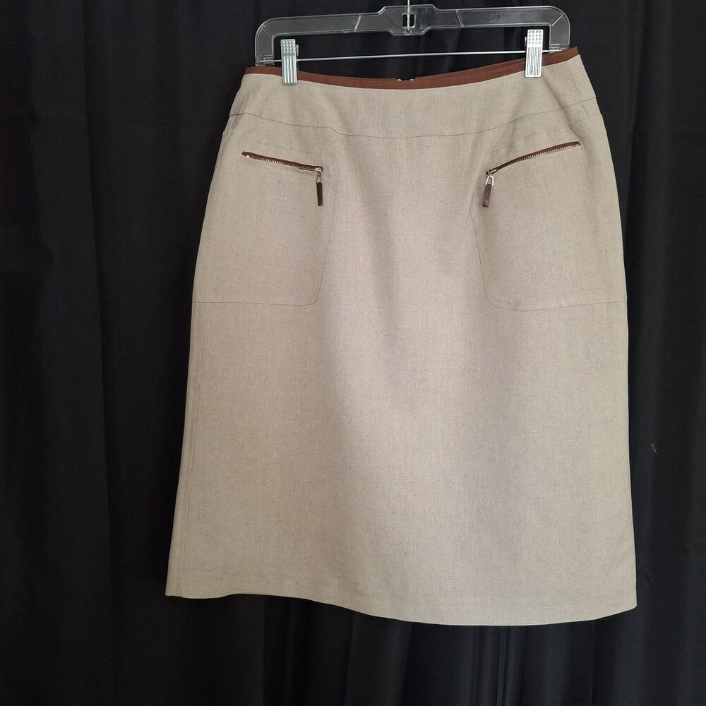 Vtg. 80s womens Linen skirt straight neutral /contrast trim sz 10